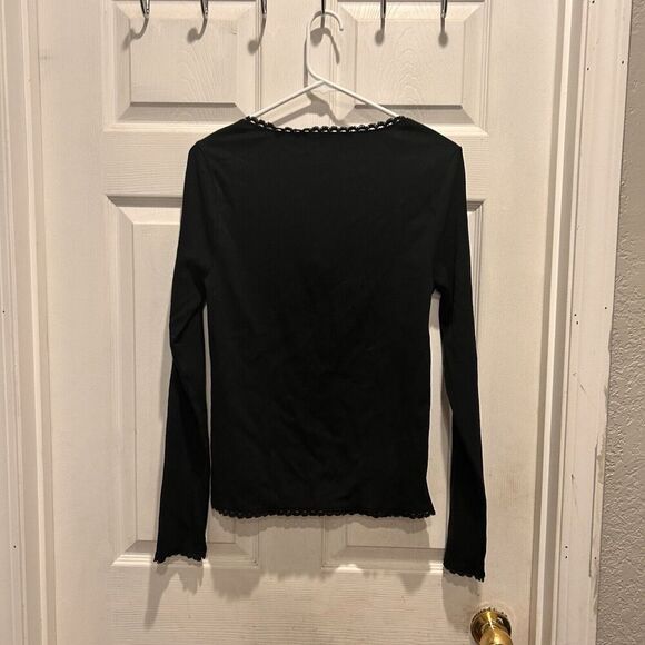 J. Crew Scoopneck Lace Trim‎ Henley Button Down Black Size Large Cotton Modal - Picture 5 of 6